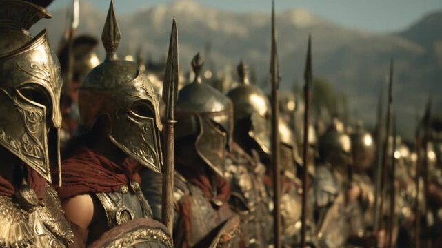 Row of ornate ancient helmeted spearmen in bronze armor, standing in a sunlit battlefield formation