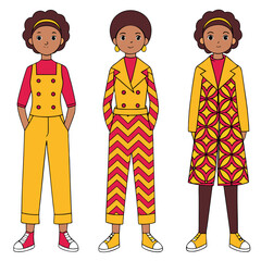 Naklejka premium Three diverse cartoon women showcasing 1970s fashion in vibrant yellow and red outfits, featuring retro suits, overalls, and patterned coats, embodying vintage style and individuality.
