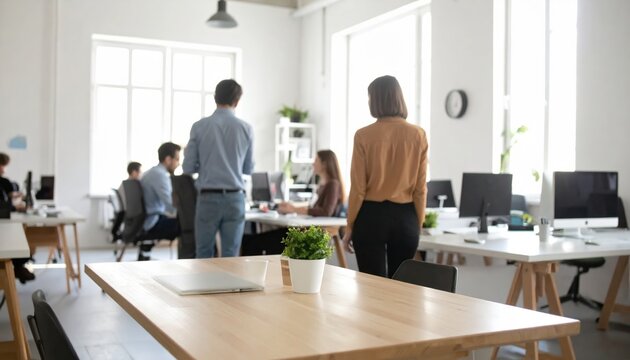 Busy Open Plan Office with Employees Working and Collaborating, Modern Business Teamwork Concept