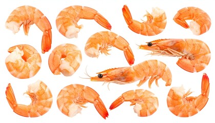 Several cooked shrimp in various positions on a stark white background