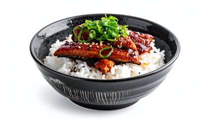 Savory rice bowl with glistening glazed fish, scallions, and sesame seeds
