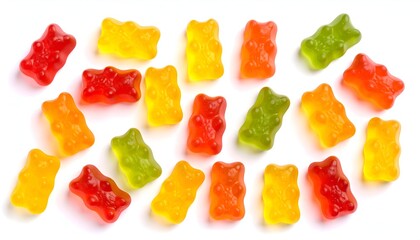 Scattered colorful gummy bear candies against a white background, overhead shot