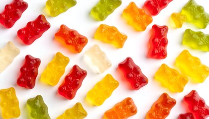 Scattered array of colorful gummy bears in various hues against a plain white background