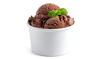 Scoops of rich, brown frozen dessert in a white paper cup, garnished with mint leaves