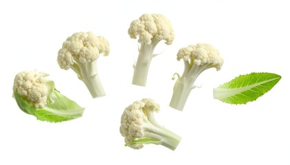 Scattered raw cauliflower florets and a single leaf isolated on a stark white background