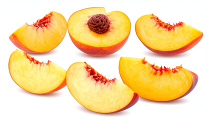 Sections of fresh, ripe peach, some with pit, against white, detailed, studio shot