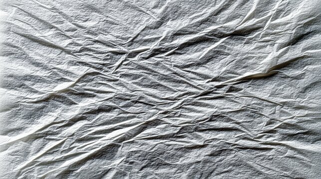 Close-up view of a crumpled white paper surface with deep shadows and highlights, creating a textured abstract background.