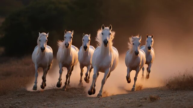 White Horses Galloping in Dusty Field at Sunset, Wild and Free