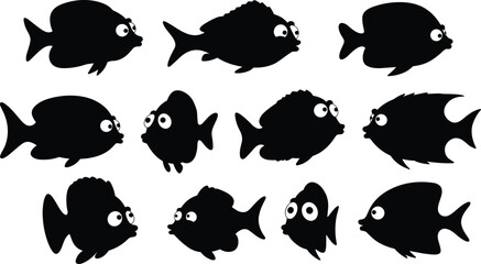 Fish silhouettes, cartoon fish, underwater animals, marine life, ocean creatures, aquatic illustration, swimming fish, biology study, educational design, playful artwork