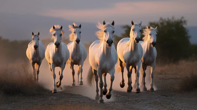 Majestic white horses galloping in a cloud of dust at sunset