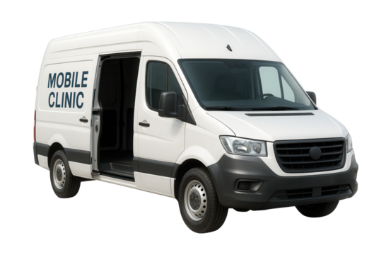 High-roof mobile clinic van with a sliding side door.