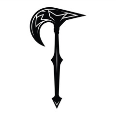 Stylized black axe with ornate design on white background