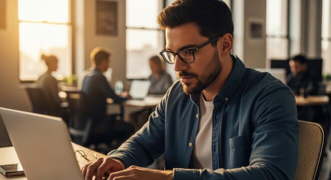Focused Young Professional Man Working on Laptop in a Sunny Modern Open-Plan Office Setting