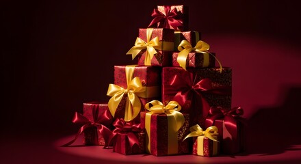 Luxurious stack of red gift boxes with gold ribbons arranged in a pyramid on a dark red background for holiday celebrations