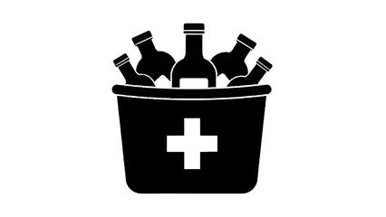 Vector illustration of black and white icon of a bucket with bottles and a medical cross sign isolated on transparent background