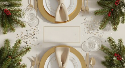 Elegant Christmas table setting with gold cutlery, pine branches, and blank card mockup top view