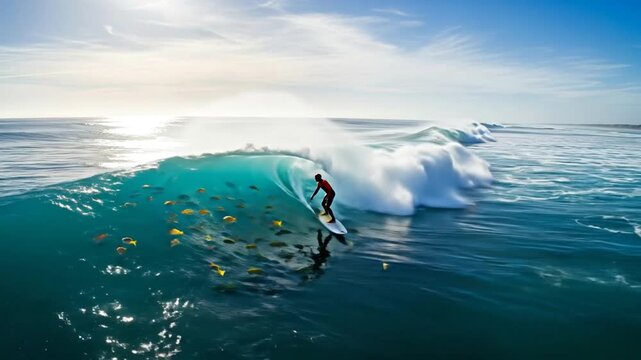 Surfing Through The Ocean: A surfer navigates a powerful wave, showcasing the thrill of riding the ocean's crest under the sun's radiant gaze.