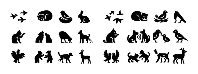 Obraz premium Animal silhouettes collection: birds, cats, dogs, deer, bears in black outline