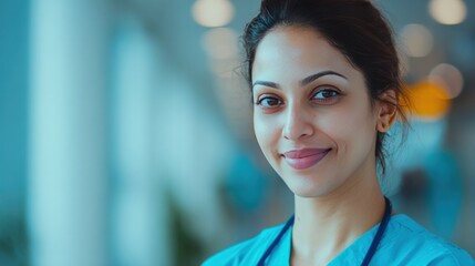 Empathetic Healthcare: A compassionate nurse, adorned in professional attire, radiates warmth and dedication, embodying the essence of care and support.