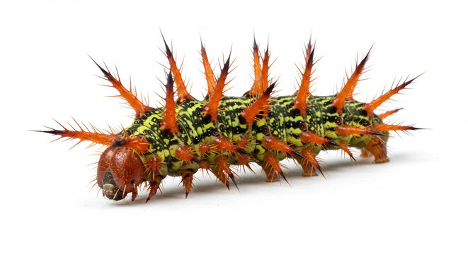 Sharp focus captures a vividly colored spiky caterpillar against a pristine white studio background detailed with textured orange spines. AI Generated