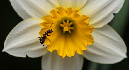 Tiny ant diligently exploring the vibrant yellow center of a fresh white daffodil flower under soft natural light. AI Generated