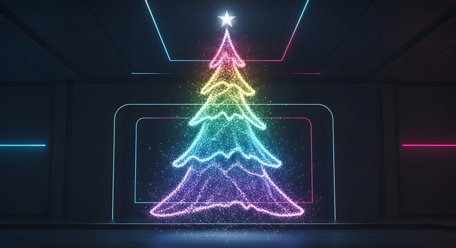 Futuristic neon Christmas tree made of glowing colorful particles in a dark cyber room with holographic light effects and star