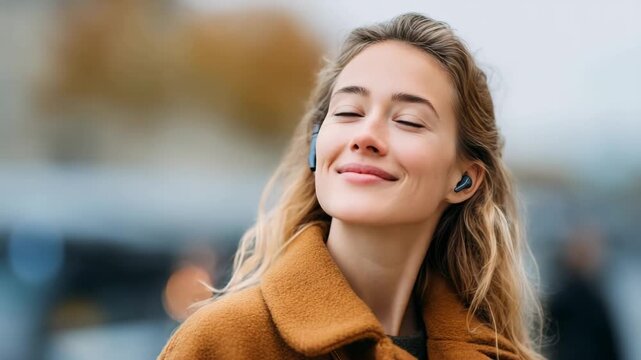 Joyful outdoor walk: confident woman smiling with bluetooth earbuds in autumn city