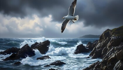 Seagull flying over rocks in the ocean with waves and open water surrounding the avian figure in a dynamic coastal environment highlighting motion, natural freedom and marine landscape atmosphere