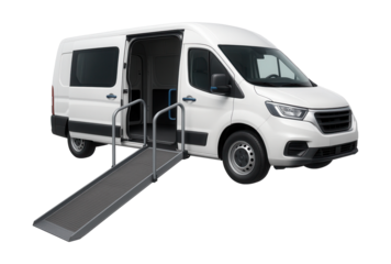Accessible medical service van featuring a ramp and handrails.