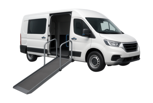 Accessible medical service van featuring a ramp and handrails.