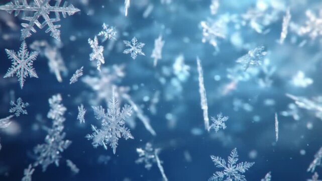 Delicate, ice crystals suspended in soft blue light, intricate snowflake patterns drifts gracefully.!