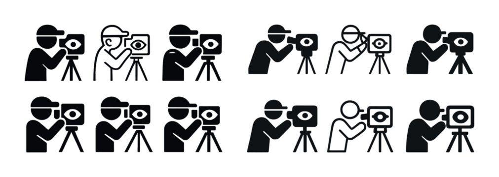 Silhouette camera icon set with photographers using tripods and cameras