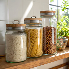 three pantry jars containing raw food rice