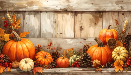Autumnal image with pumpkins, fall leaves, and natural elements on a wooden backdrop