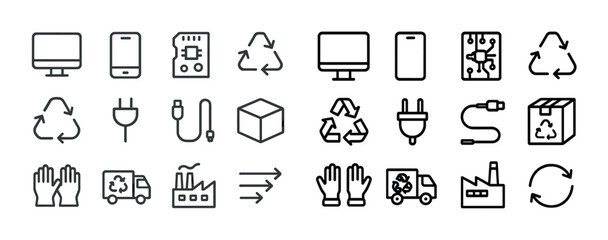 Fototapeta premium Electronic recycling icons: monitor, plug, box, circuit, factory, truck, hands