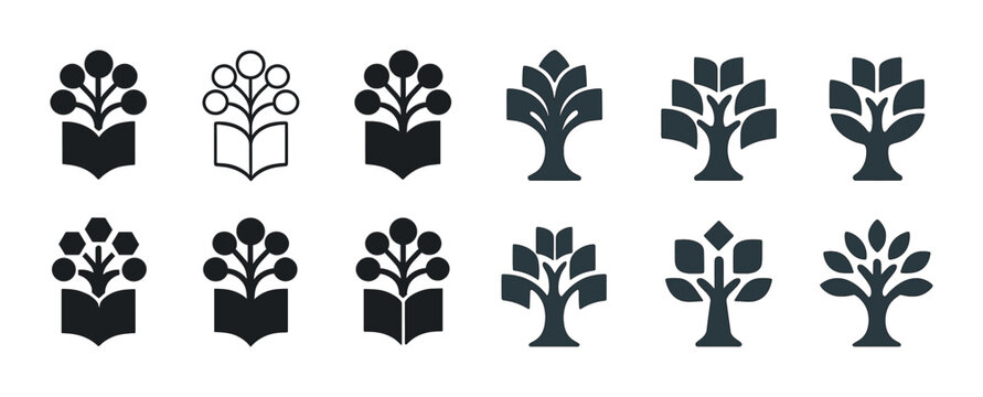 Abstract tree and book icon set with leaf designs