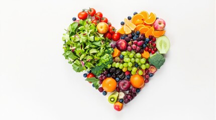 Heart shaped arrangement of colorful fresh fruits and vegetables