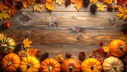 Rustic autumn still life featuring pumpkins, leaves, and pinecones on a wood background