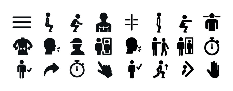 Silhouette icons of exercise, posture, breathing, and time with human figures