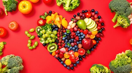 Heart of fresh fruit and vegetables on red background