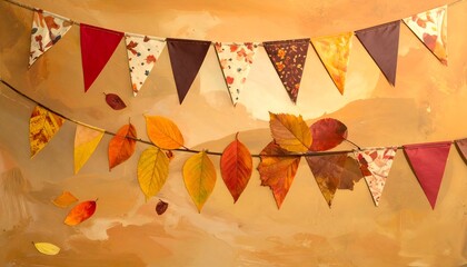 Autumnal scene with pennant banner & leaves against a textured, orange painted backdrop
