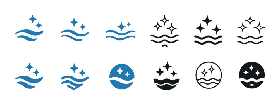 Set of sparkling water icons in blue and black with waves and stars