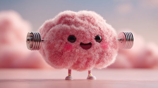 Cheerful Brain Lifts Light Weights Against a Bright Background in a Fun and Lively Scene