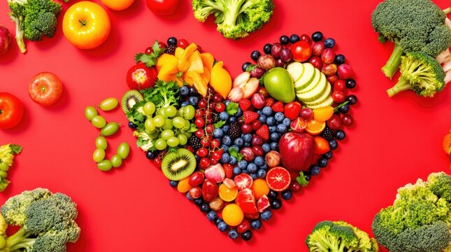 Heart of fresh fruit and vegetables on red background