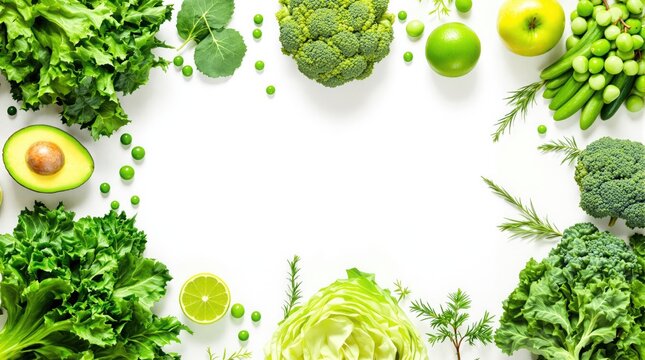 Vegetable green food frame with fresh organic produce on white