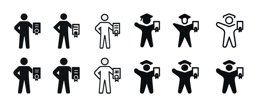 Stick figure icons: graduation and certificate achievement variations