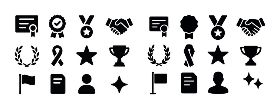 Award and achievement icons: medals, trophies, certificates, and stars collection