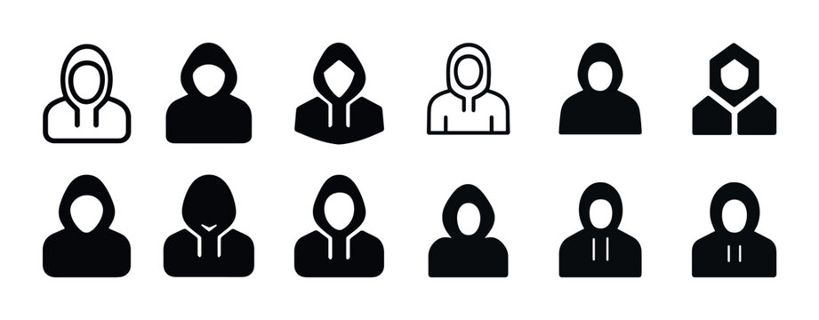Hoodie icons collection: diverse black silhouette set showcasing various styles