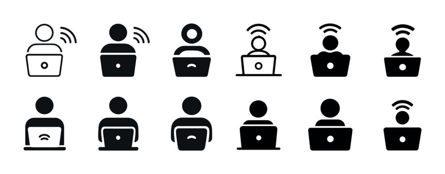 Set of computer user icons with wi-fi symbols in various styles
