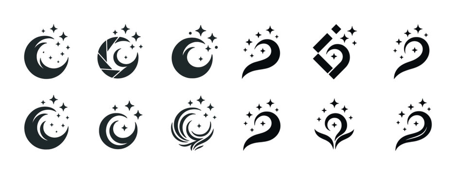 Abstract black and white lunar logos with sparkles